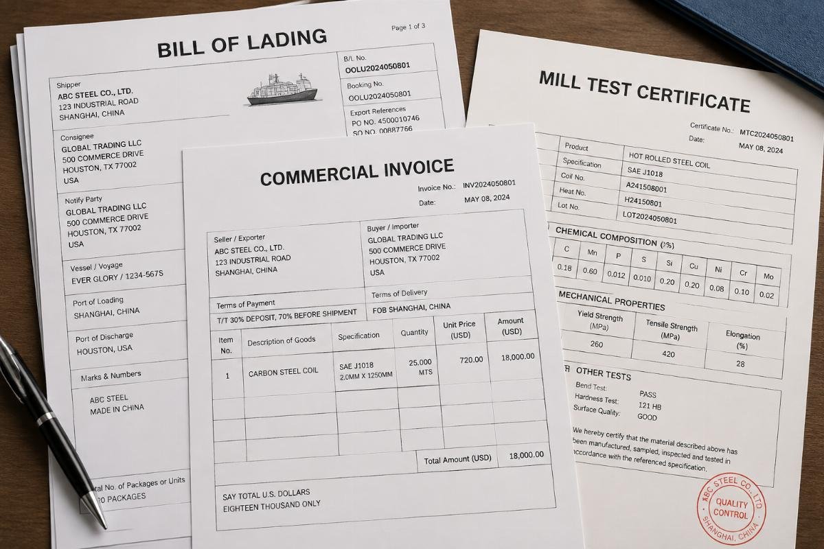 Image of customs documentation stack including Bill of Lading, Commercial Invoice, and Mill Test Certificate