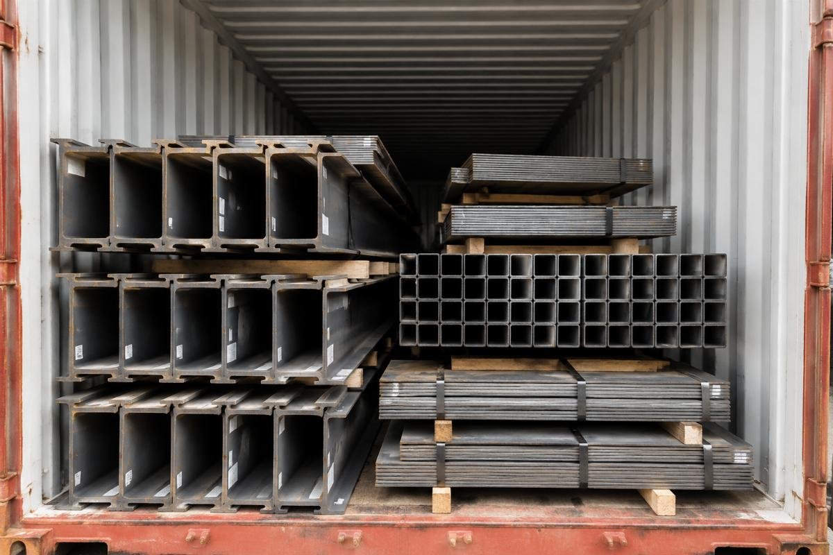 Image of stacked steel beams and plates loaded efficiently in a shipping container