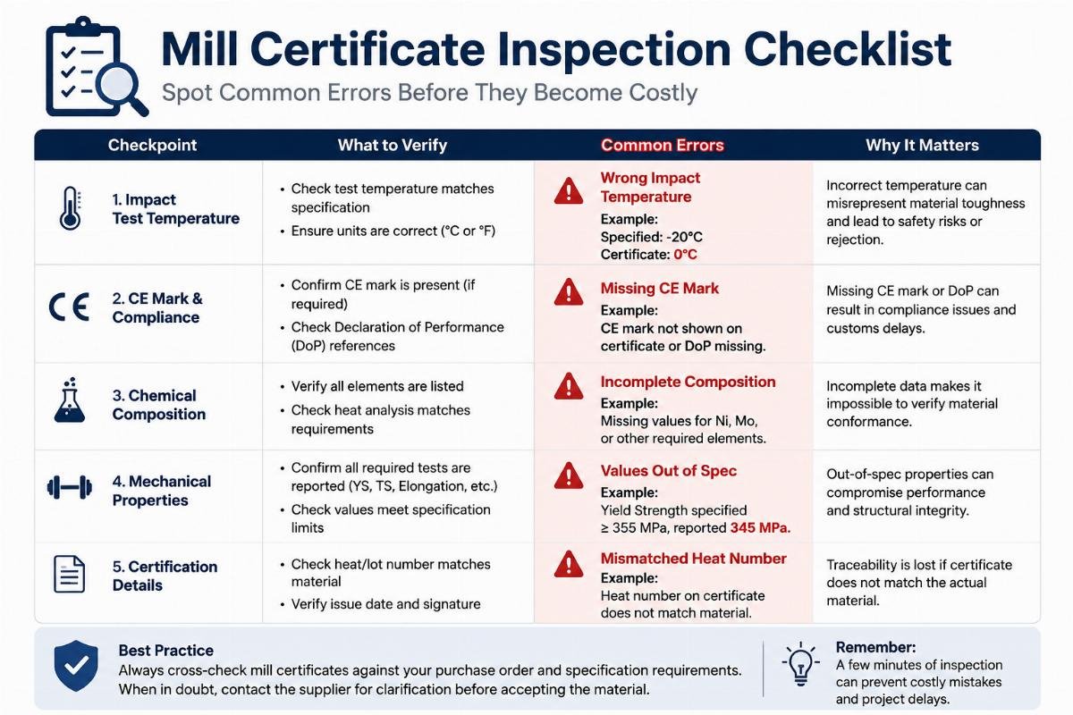 Inspection checklist highlighting common errors in mill certificates such as wrong impact temperature and missing CE marks