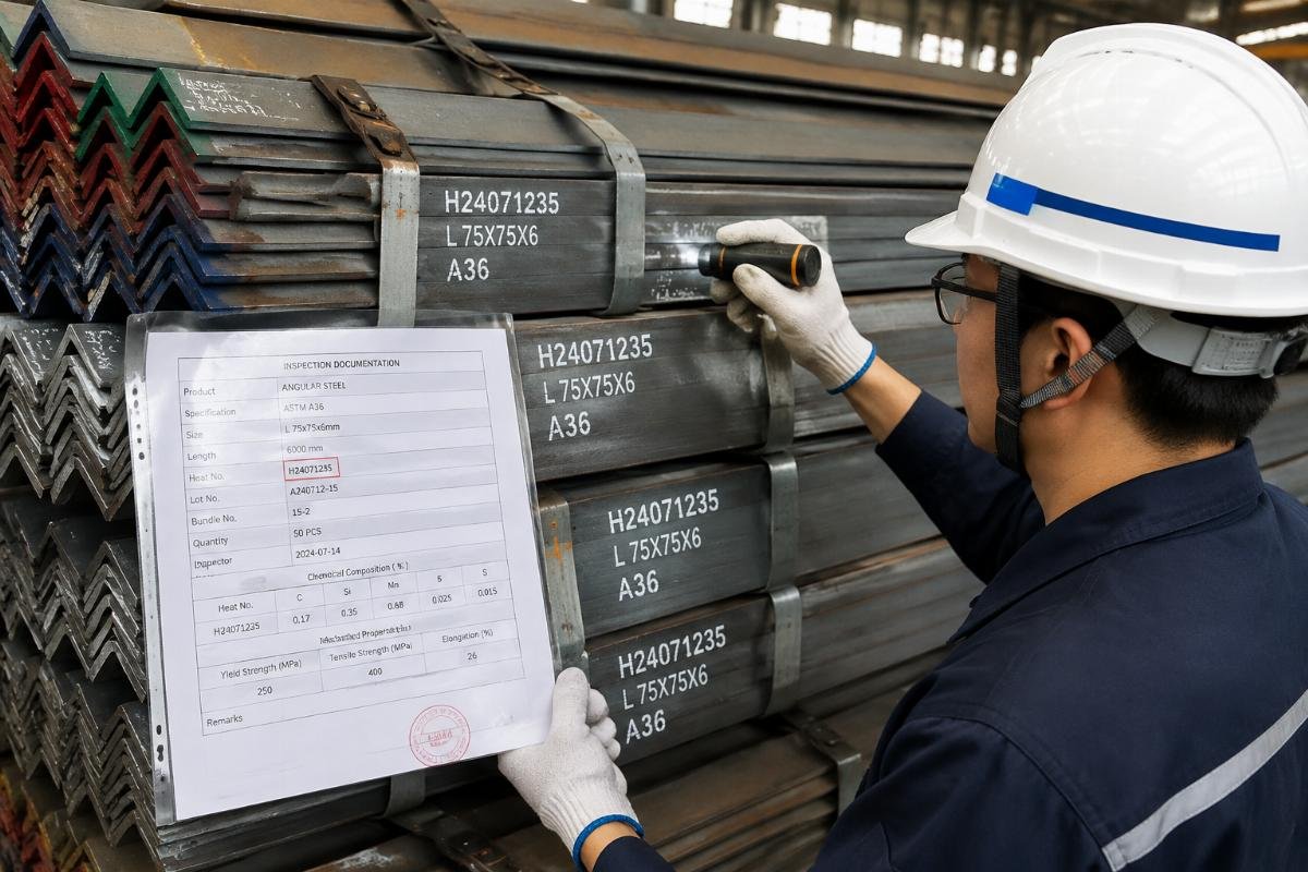 Inspection of angle steel bundles with visible heat number stencils matching documentation