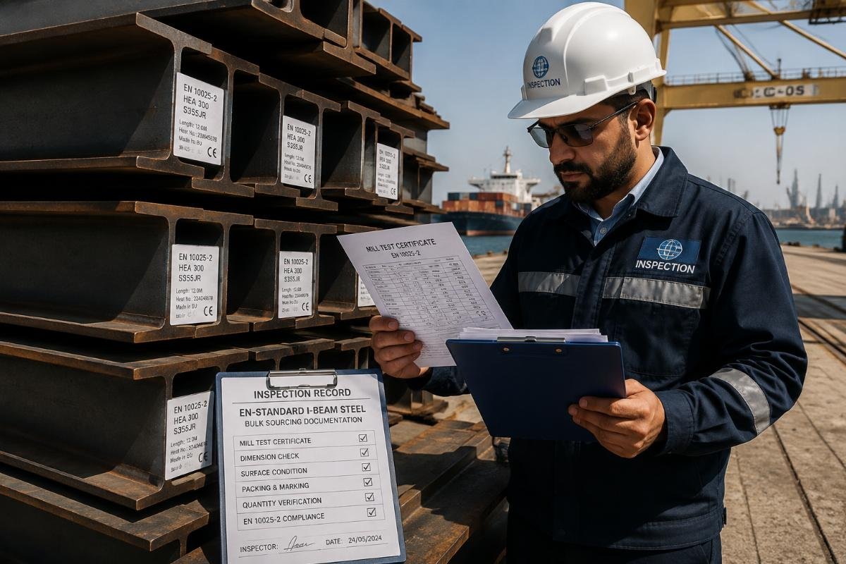 Inspection of EN-standard I-beam steel bulk sourcing documentation at a Middle East port facility