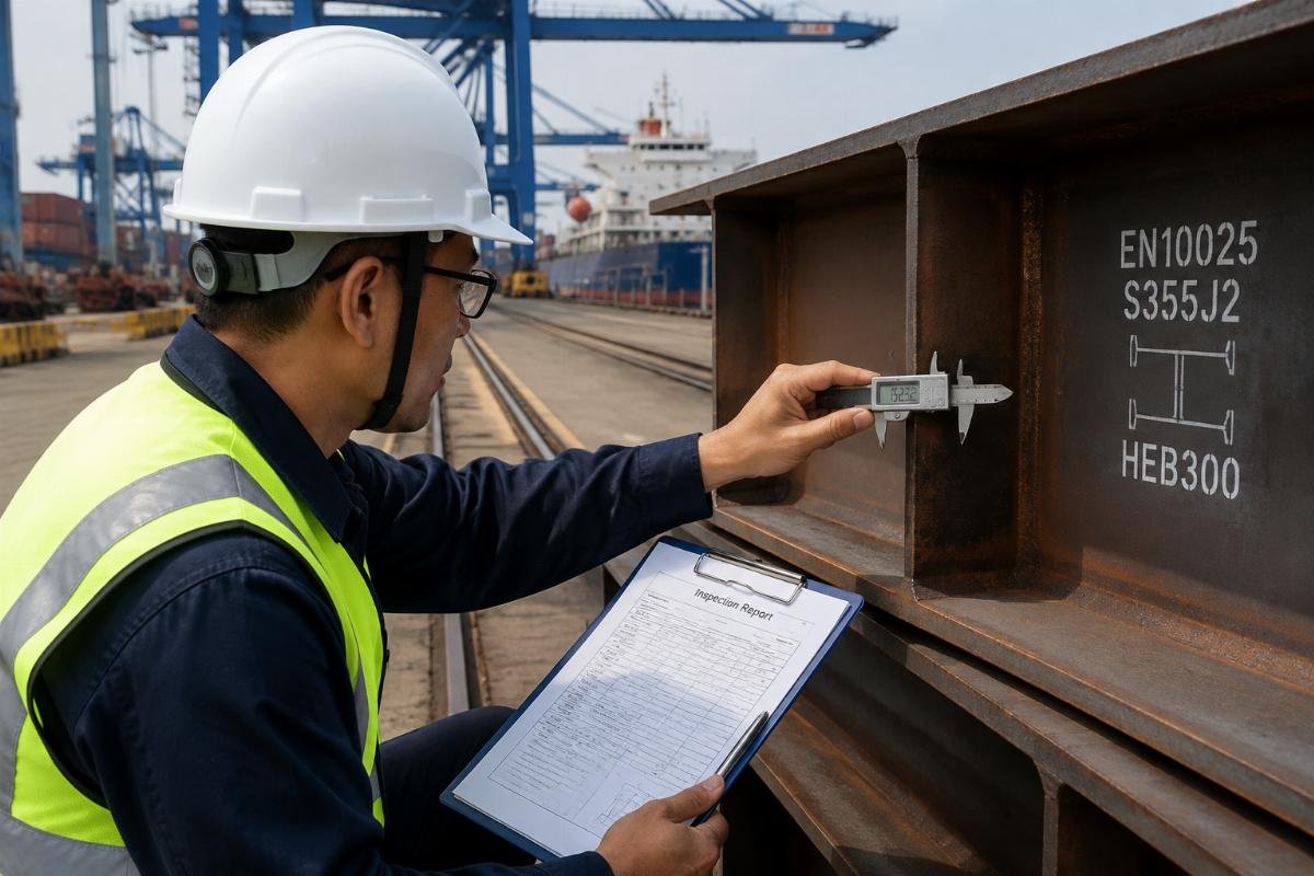 Inspection of EN10025 S355J2 H-beam for bridges at a port terminal, focusing on thickness measurement and documentation review