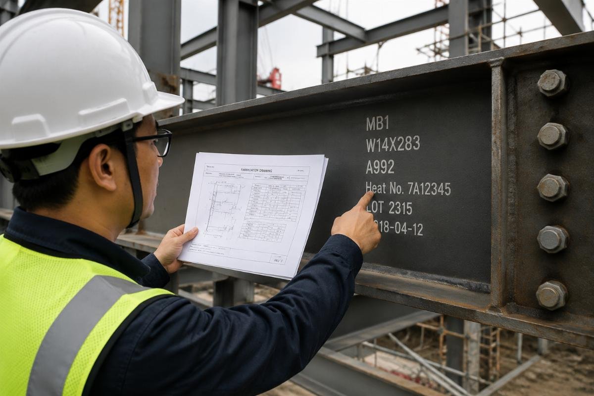 Inspection scene at a construction site where an engineer compares beam stamping with documentation