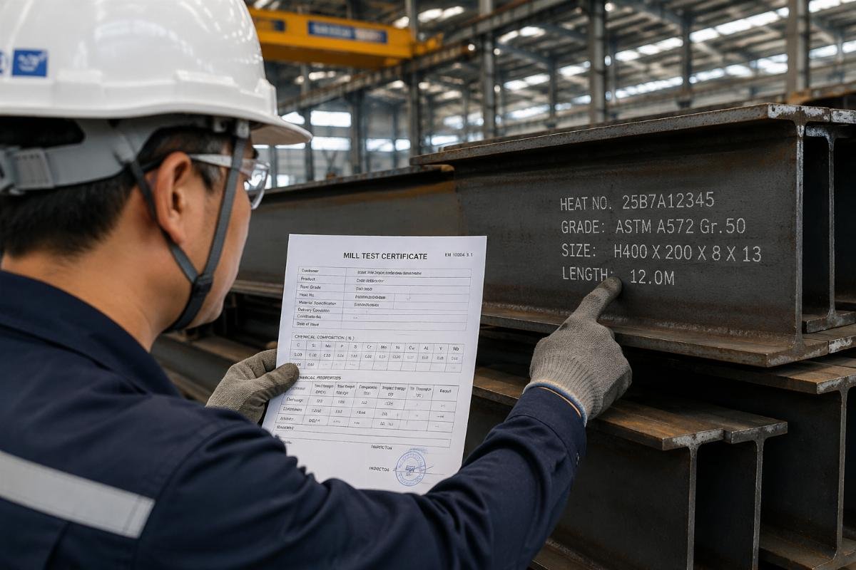 Inspector reviewing Mill Test Certificate against physical steel beam markings