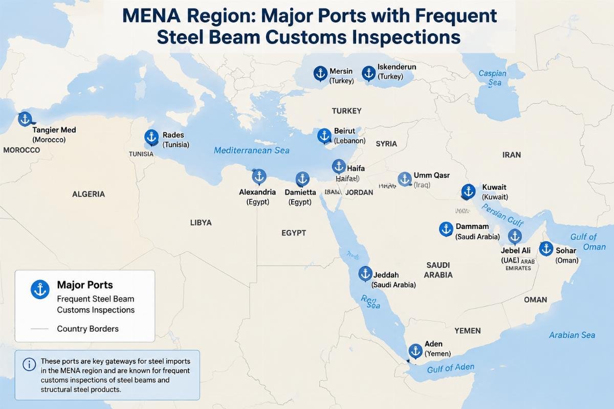 Map highlighting major MENA ports where steel beam customs inspections frequently occur
