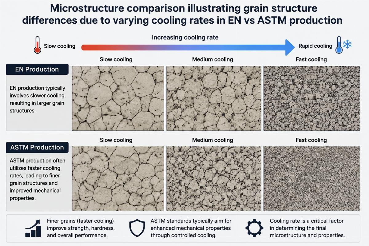 Microstructure comparison illustrating grain structure differences due to varying cooling rates in EN vs ASTM production