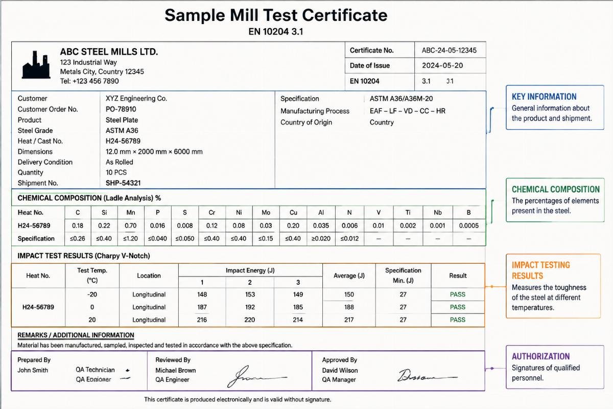 Sample Mill Test Certificate highlighting key fields for chemical composition and impact testing