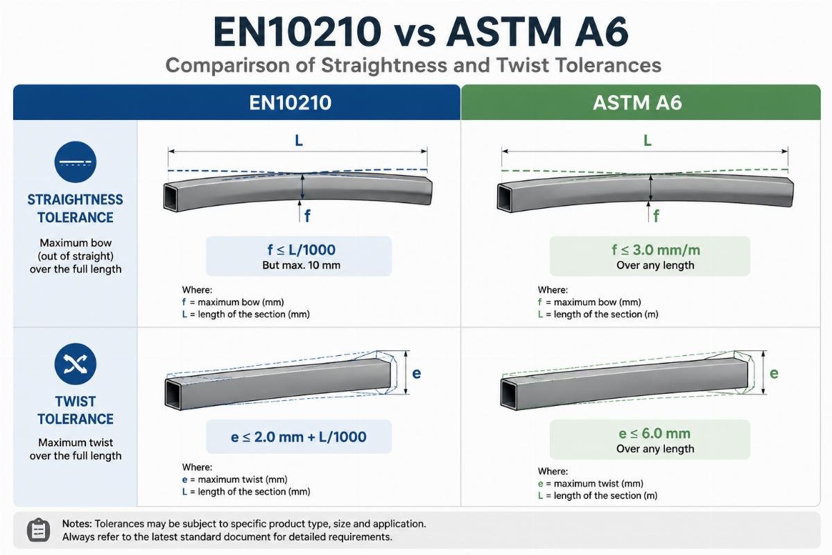 Side-by-side comparison chart illustrating the difference in straightness and twist tolerances between EN10210 and ASTM A6 standards