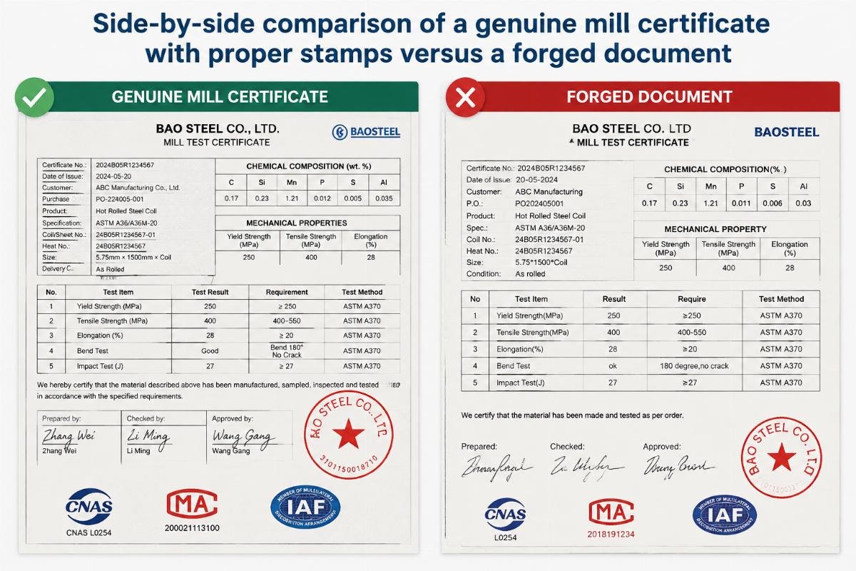 Side-by-side comparison of a genuine mill certificate with proper stamps versus a forged document with inconsistent fonts