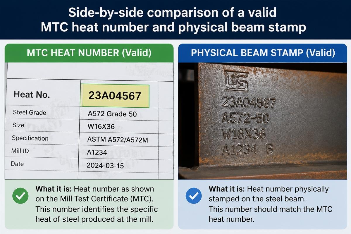 Side-by-side comparison of a valid MTC heat number and physical beam stamp