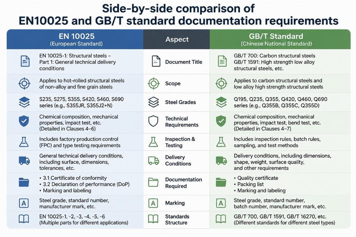 Side-by-side comparison of EN10025 and GB/T standard documentation requirements