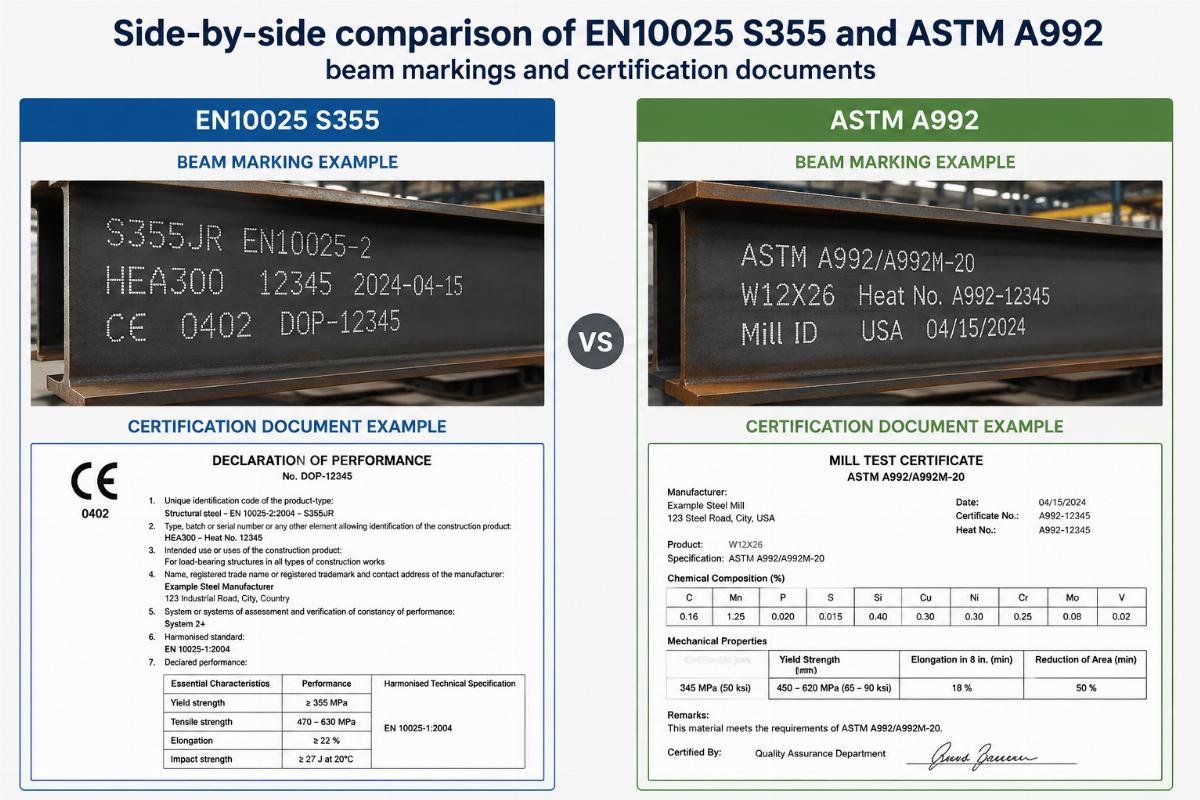 Side-by-side comparison of EN10025 S355 and ASTM A992 beam markings and certification documents