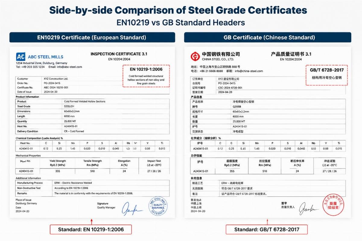 Side-by-side comparison of steel grade certificates showing EN10219 vs GB standard headers