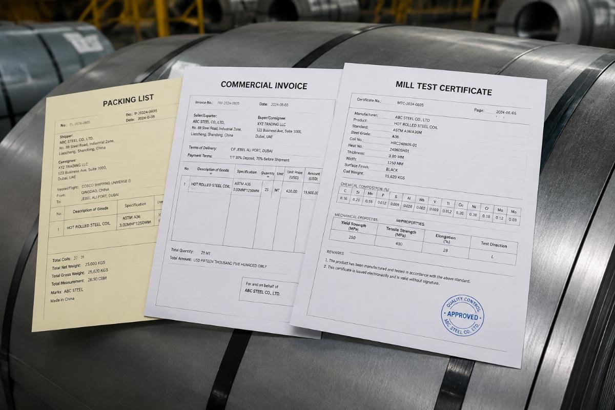 Stack of export documents including Mill Test Certificate, Commercial Invoice, and Packing List placed on a steel coil