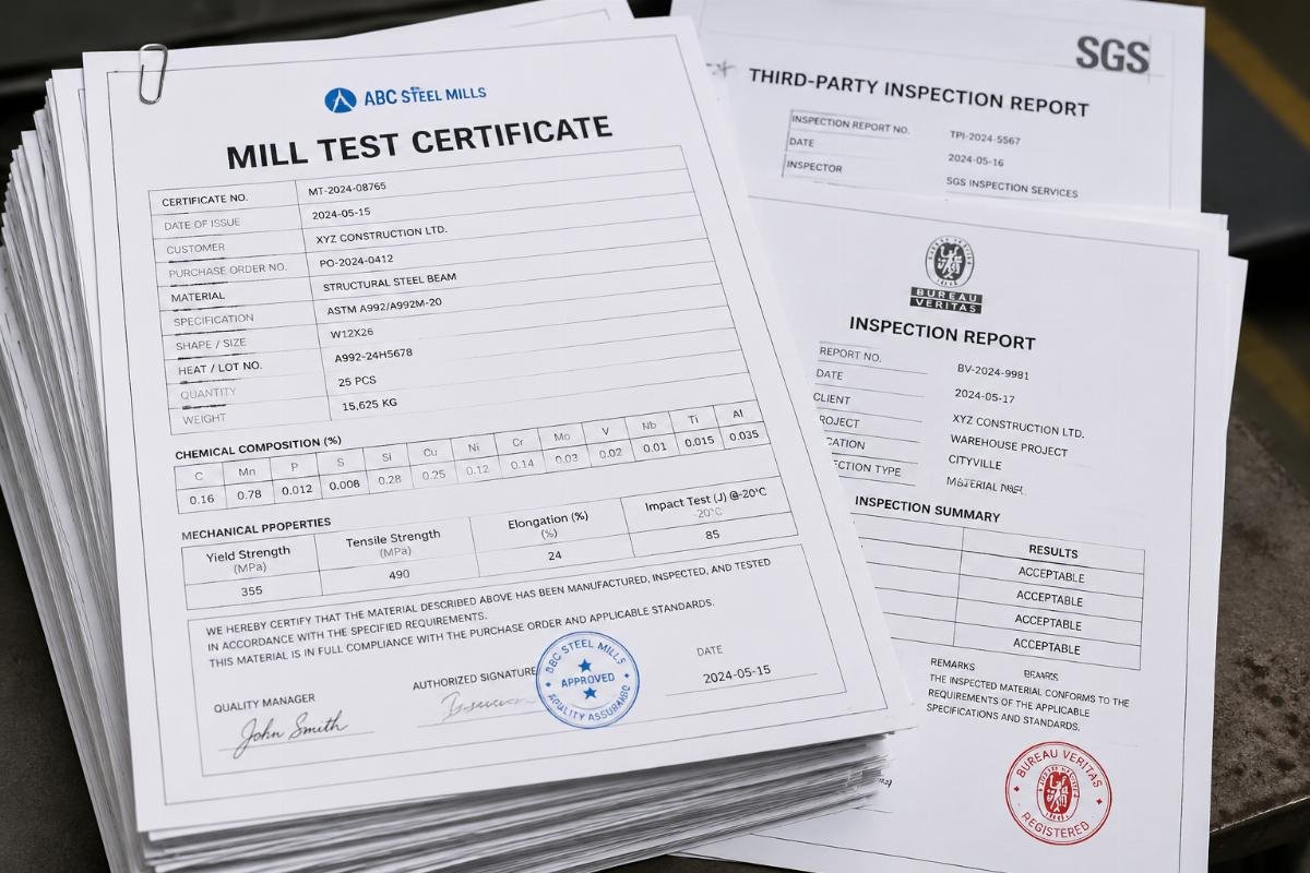Stack of verified Mill Test Certificates and third-party inspection reports for structural steel beams