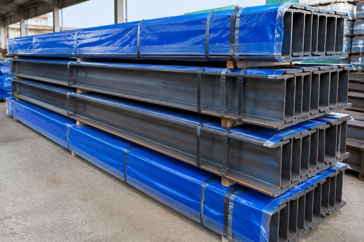 Stacked I-beams secured with steel strapping and waterproof packaging for sea freight