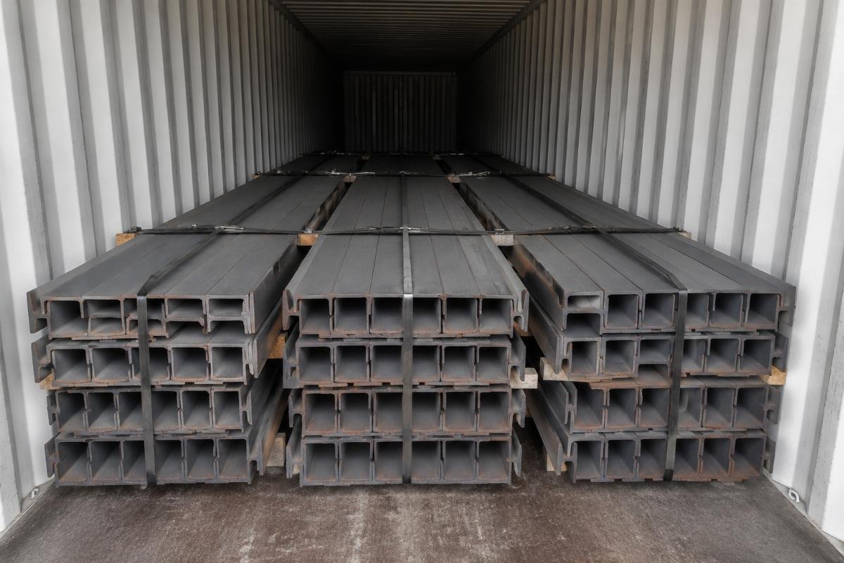 Stacked narrow flange beams secured with steel straps inside a shipping container
