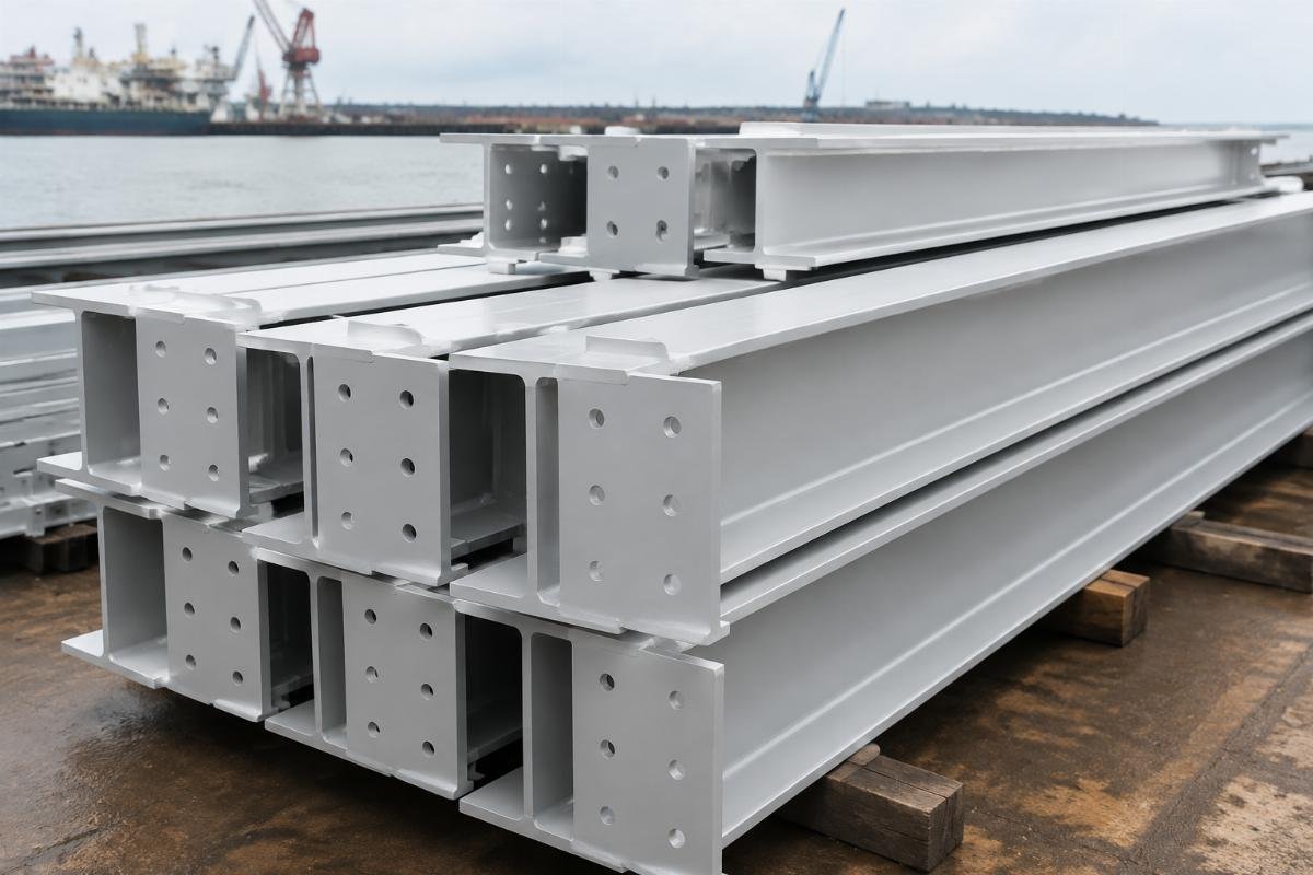 Surface treated structural steel beams prepared for marine environment installation