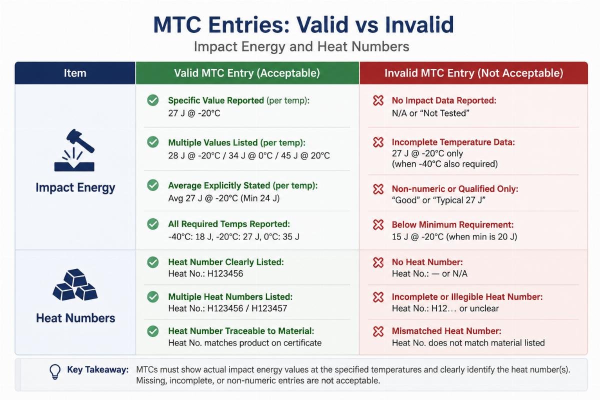 Table comparing valid vs invalid MTC entries for impact energy and heat numbers