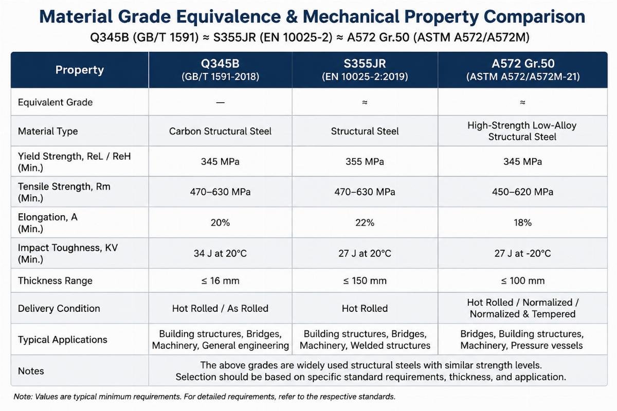 Table showing material grade equivalence between Q345B, S355JR, and A572 Gr.50 with key mechanical property comparisons