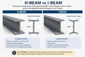 Technical comparison showing the parallel wide flanges of an H-beam versus the tapered narrow flanges of an I-beam