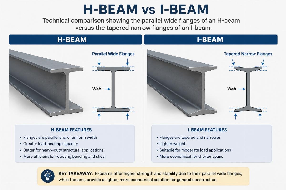 Technical comparison showing the parallel wide flanges of an H-beam versus the tapered narrow flanges of an I-beam