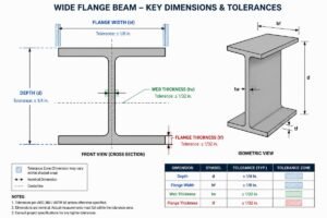Technical diagram showing key wide flange beam dimensions including depth, flange width, web thickness, and flange thickness with tolerance zones highlighted