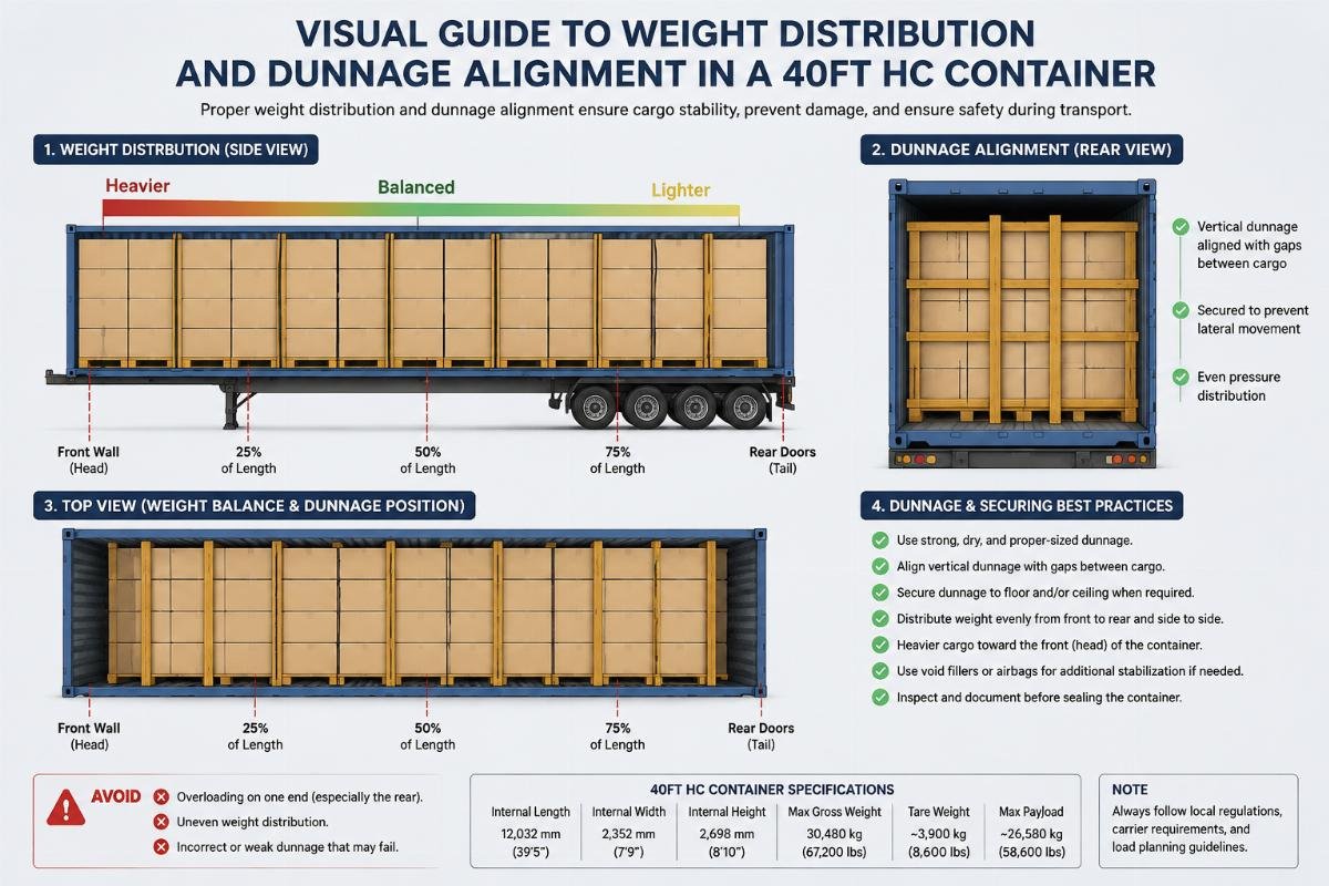 Visual guide to weight distribution and dunnage alignment in a 40ft HC container