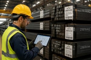 Warehouse worker cross-referencing heat numbers on steel bundles with digital tablet