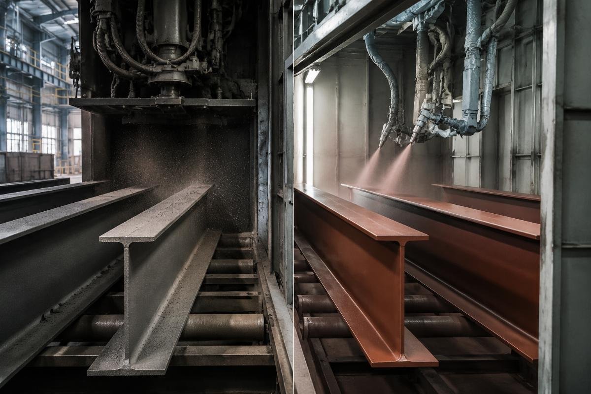 Wide flange beams undergoing shot blasting and painting process in a controlled factory environment to ensure uniform coverage