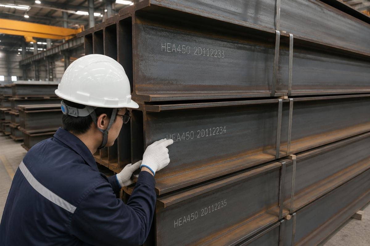Worker inspecting heat number stamps on stacked H-beams in a warehouse