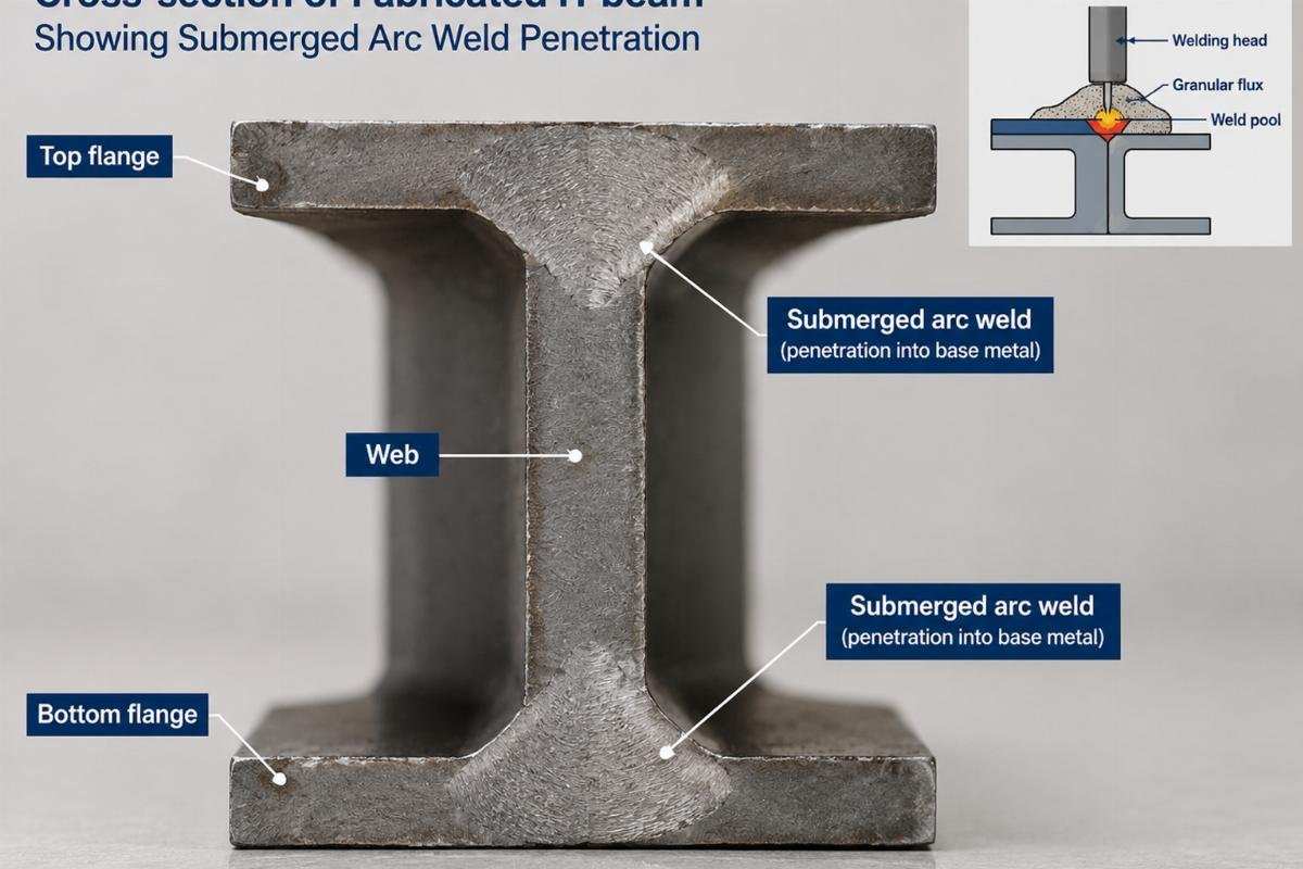 Cross-section of fabricated H-beam showing submerged arc weld penetration