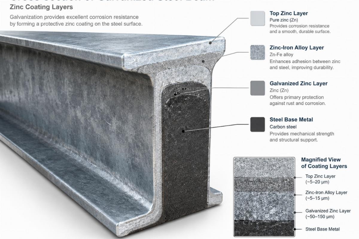 Cross-section of galvanized steel beam showing zinc coating layers