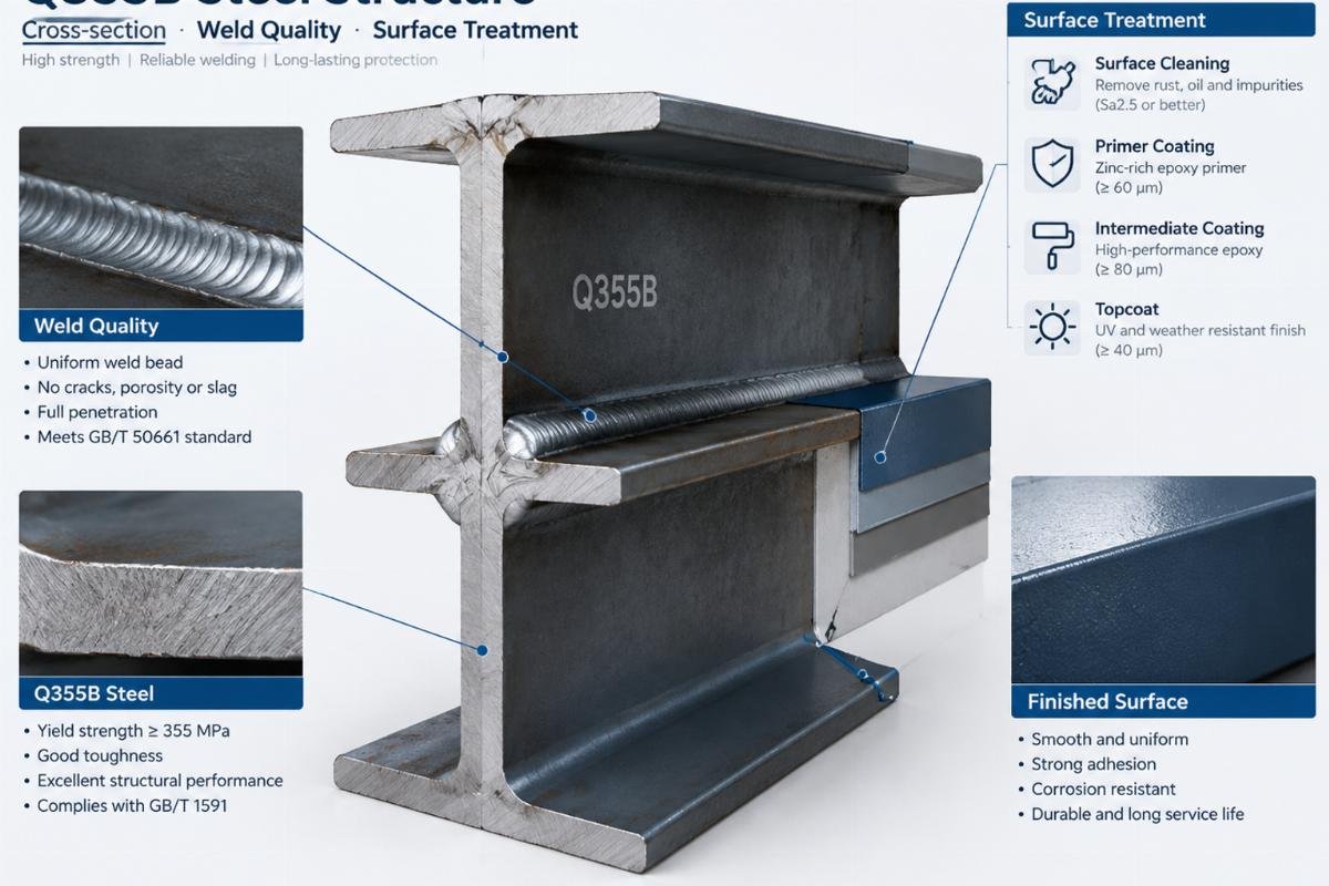 Cross-section of Q355B steel structure showing weld quality and surface treatment