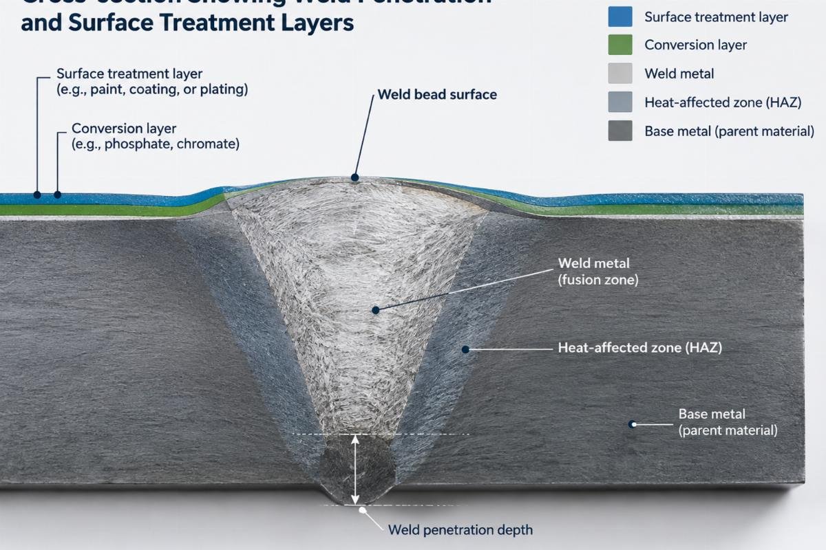 Cross-section showing weld penetration and surface treatment layers