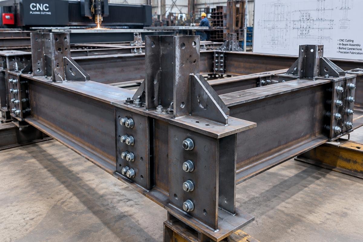 Custom structural steel fabrication showing CNC-cut H-beam assemblies with bolted connections
