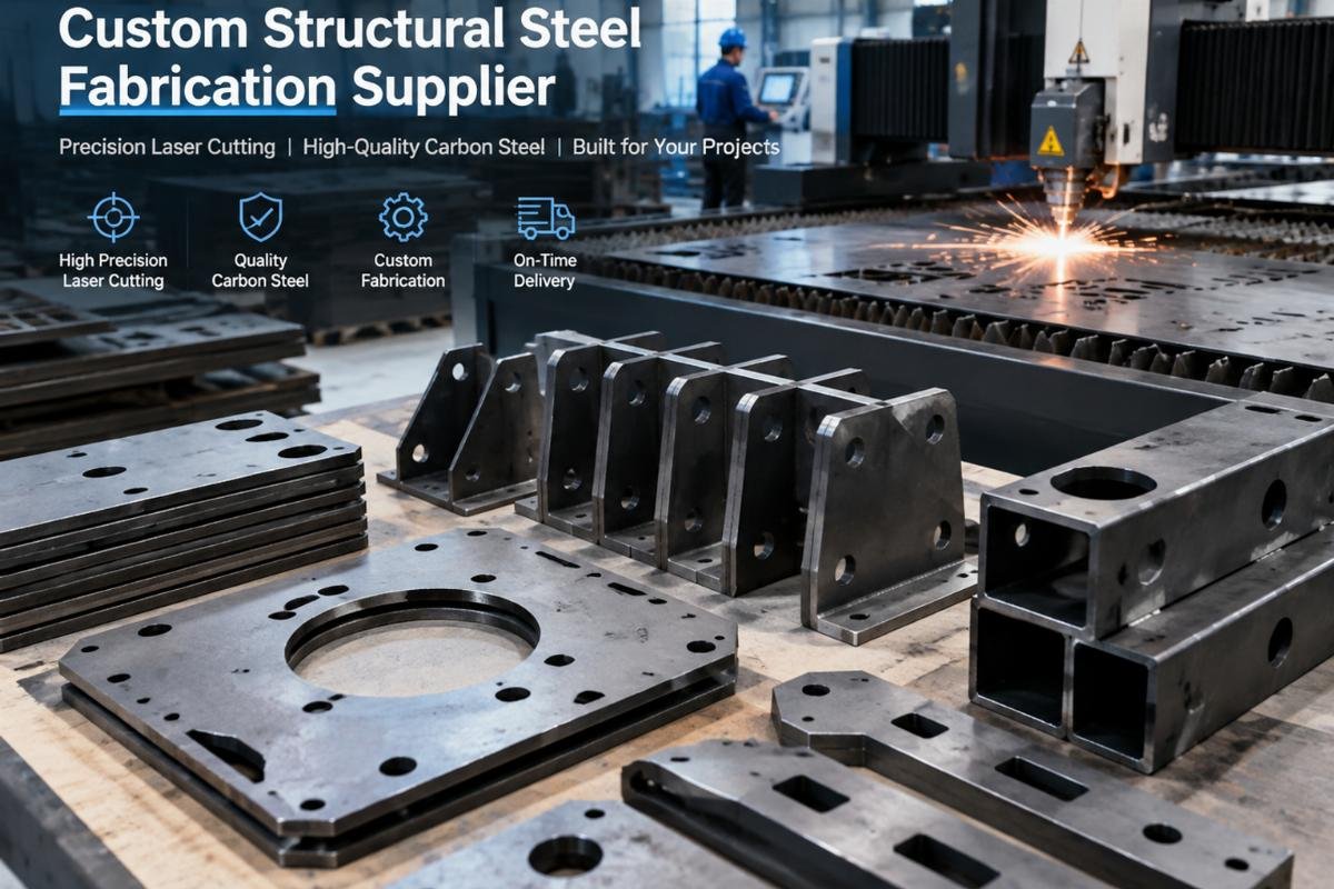 Custom structural steel fabrication supplier showing laser cut carbon steel components