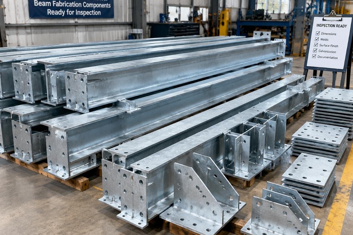 Galvanized structural steel beam fabrication components ready for inspection