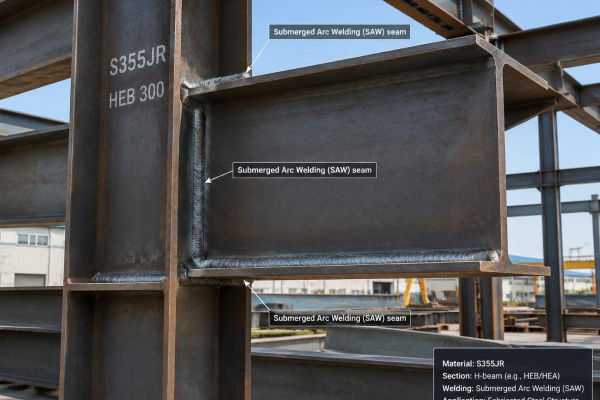 S355JR fabricated H-beam steel structure with submerged arc welding seams