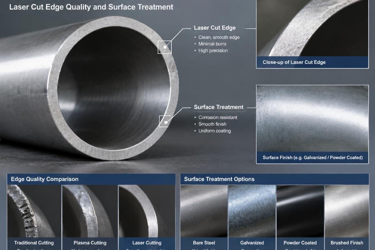 Steel tube cross-section showing laser cut edge quality and surface treatment